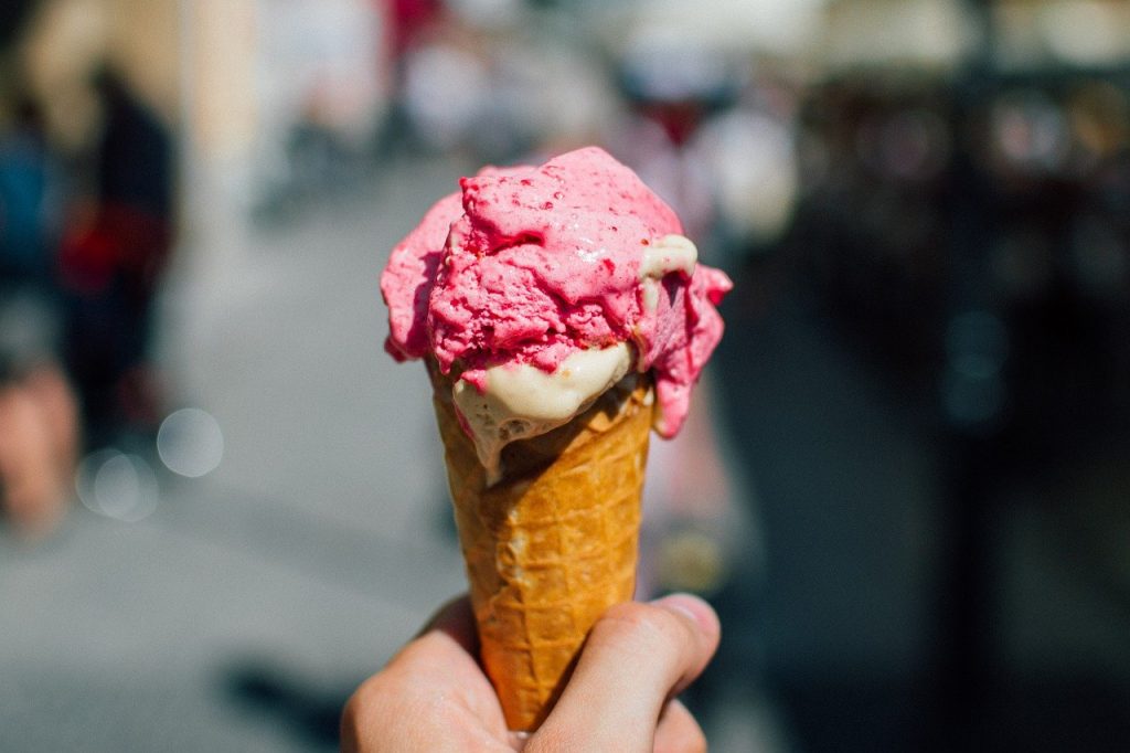 ice cream, cone, strawberry ice cream